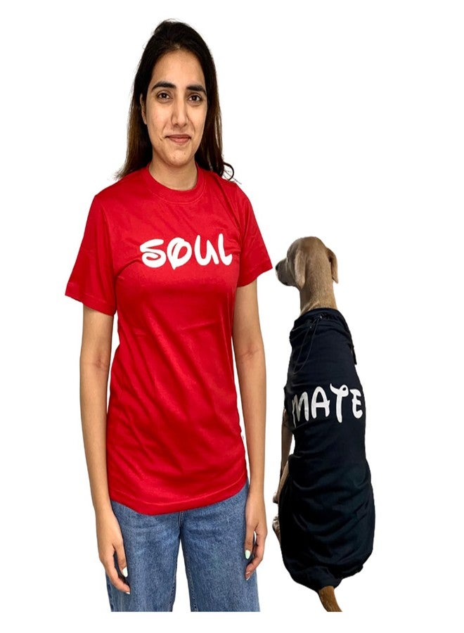 A+a Pets Graphic Printed Premium Regular Fit T-Shirt For Human(Unisex) 'soul' & Pets(Dog & Cat) 'Mate' | Half Sleeve Round Neck | Light Weight Costumes | Cotton (Human - Xl, Pet - Xs, Redh & Blackp) - Image 1